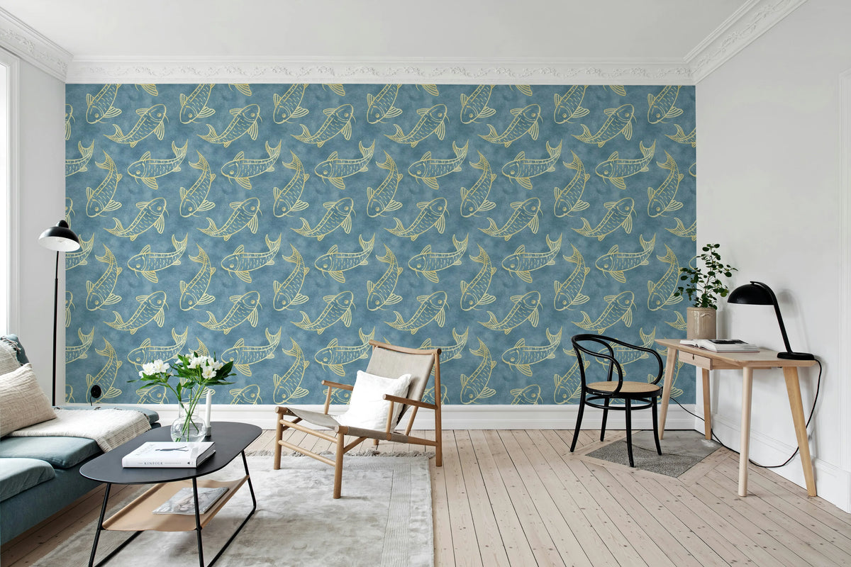 Koi Pond, Blue Mural Wallpaper - room preview 02