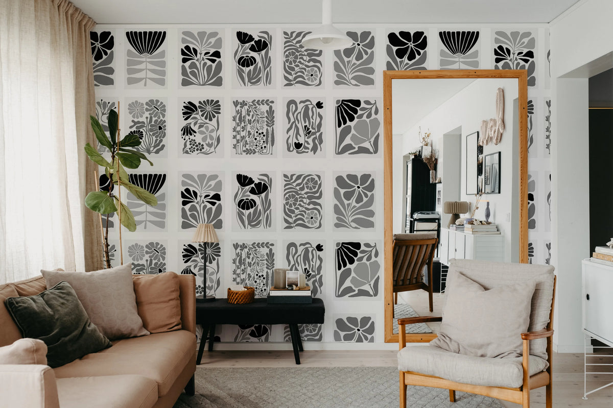 Playful Flora, Black & White Mural Wallpaper - room preview 02