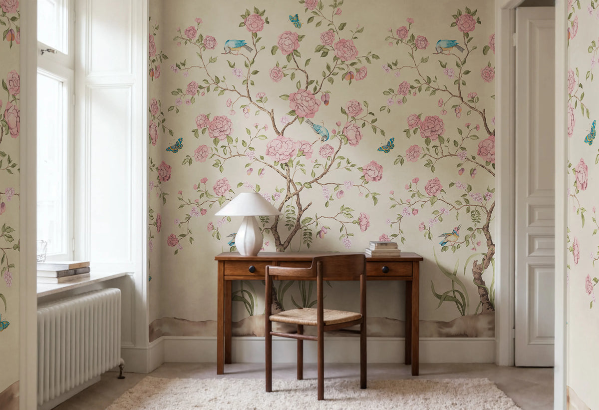 Chinoiserie Botanica, Pink Mural Wallpaper - room preview 02