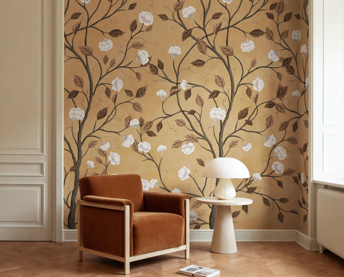 Silent Bloom, Peach Mural Wallpaper - room preview 02