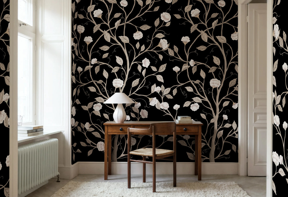 Silent Bloom, Black Mural Wallpaper - room preview 02