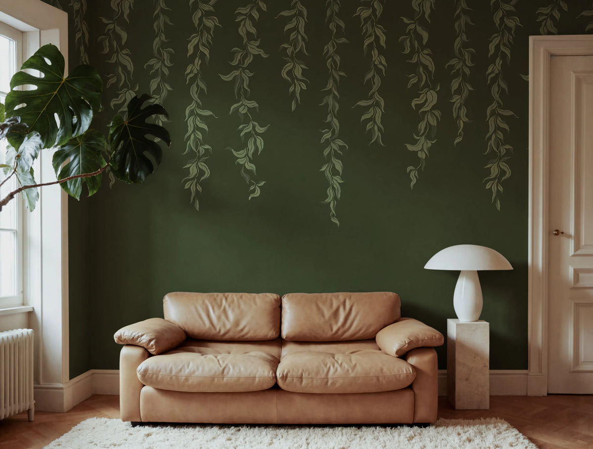 Hanging Leaves, Dark Green Mural Wallpaper - room preview 02