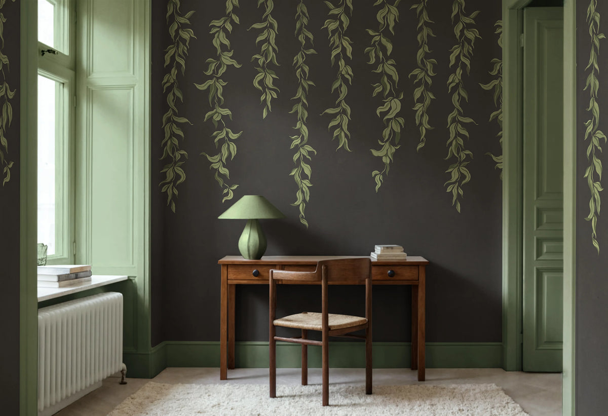 Hanging Leaves, Graphite Mural Wallpaper - room preview 02