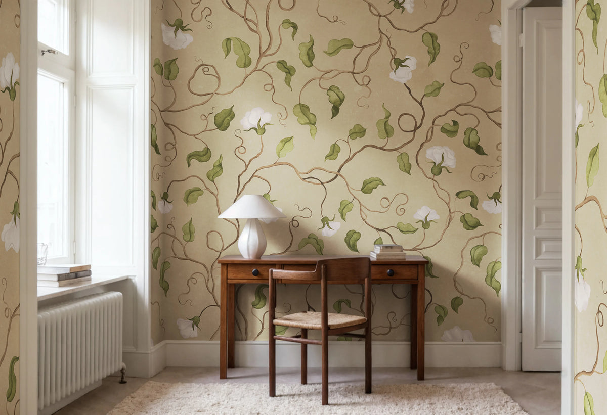 Soft Vines, Beige Mural Wallpaper - room preview 02
