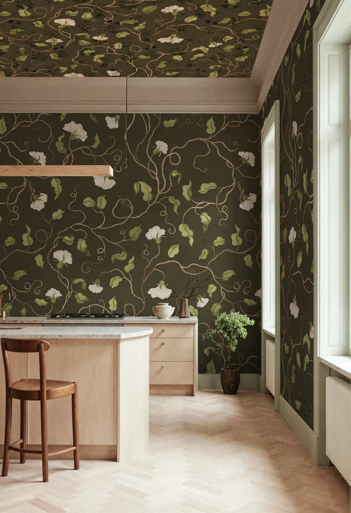 Soft Vines, Dark Green Mural Wallpaper - room preview 02