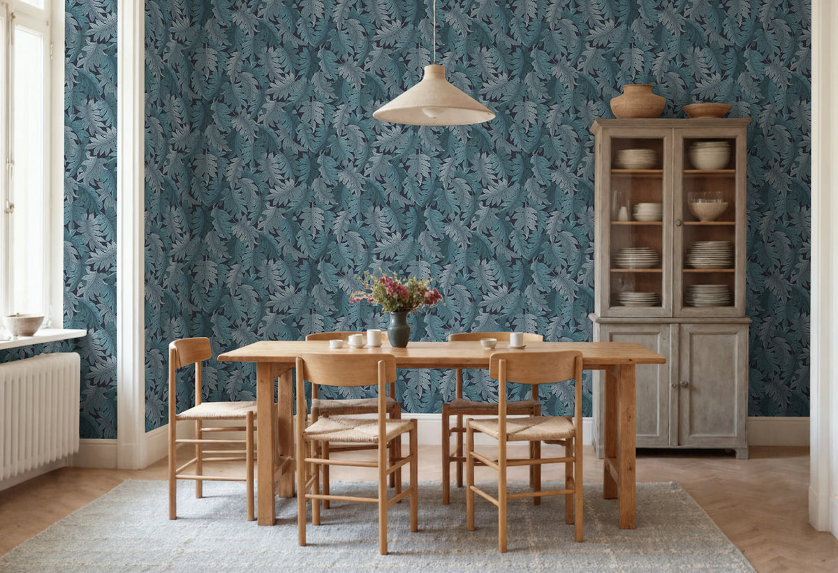 Swirling Fern, Blue Mural Wallpaper - room preview 02
