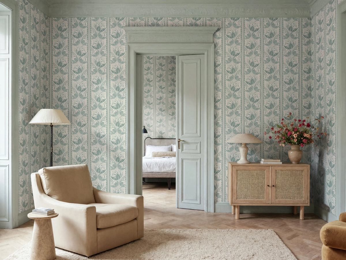 Tulip Stripes, Green Mural Wallpaper - room preview 02