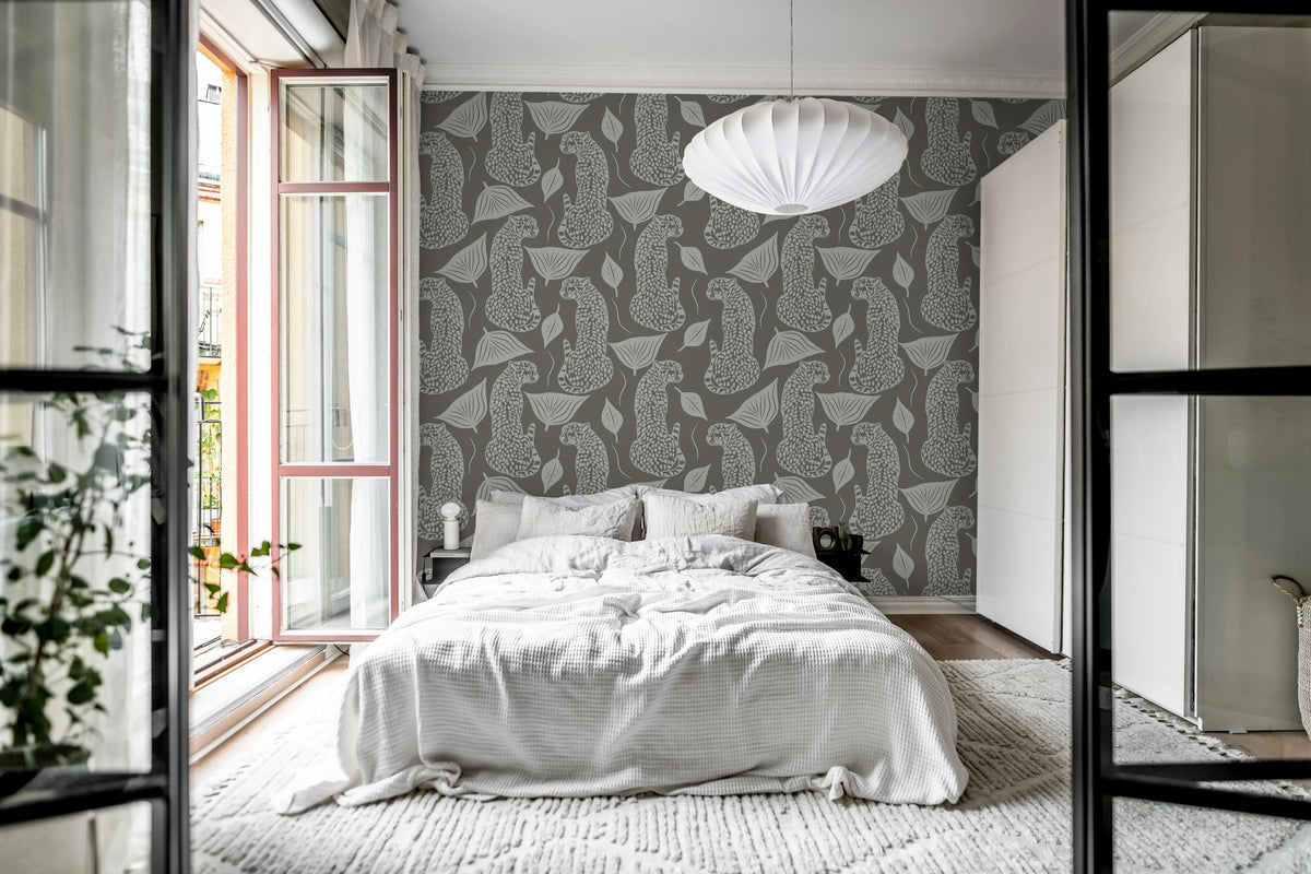 Whimsy Leopard, Gray Mural Wallpaper - room preview 02