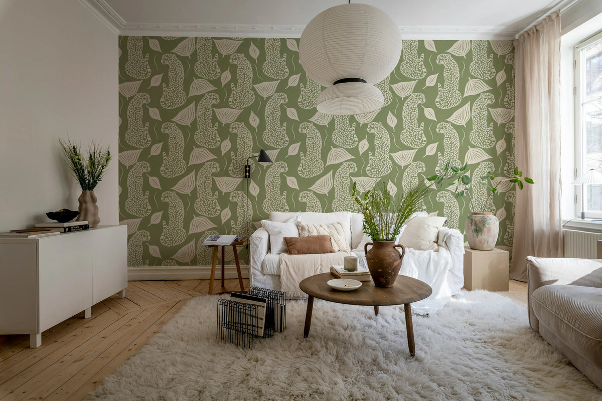 Whimsy Leopard, Green Mural Wallpaper - room preview 02