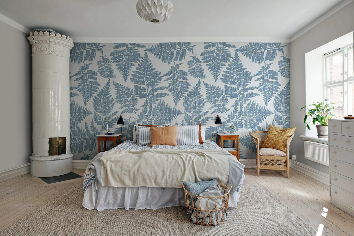 Fern Print, Blue Mural Wallpaper - room preview 02