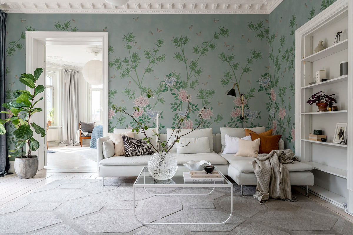 Eastern Bloom, Blue Mural Wallpaper - room preview 02