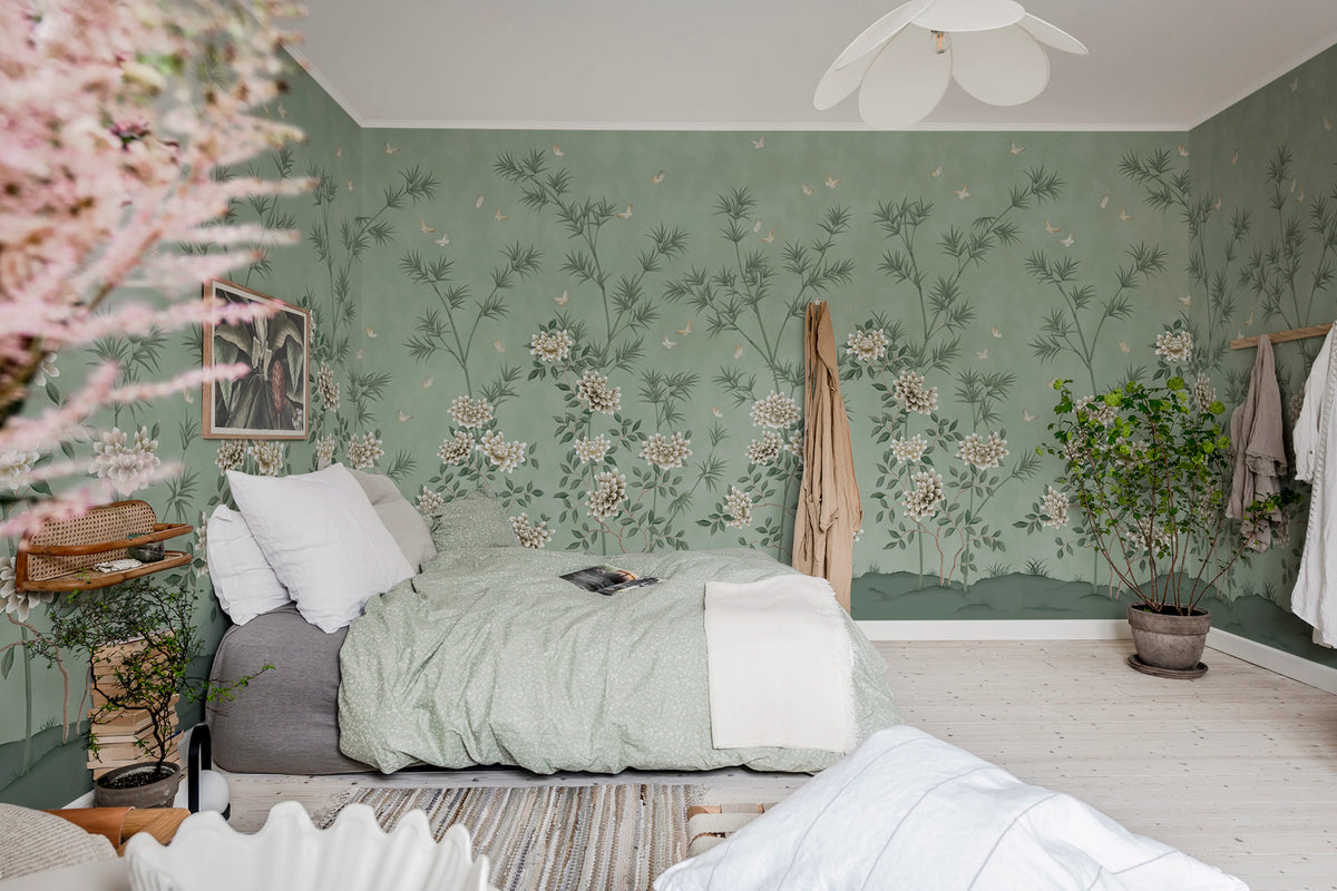 Eastern Bloom, Green Mural Wallpaper - room preview 02