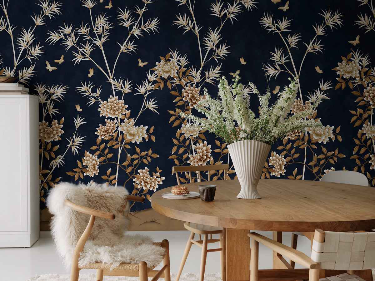 Eastern Bloom, Dark Blue Mural Wallpaper - room preview 02