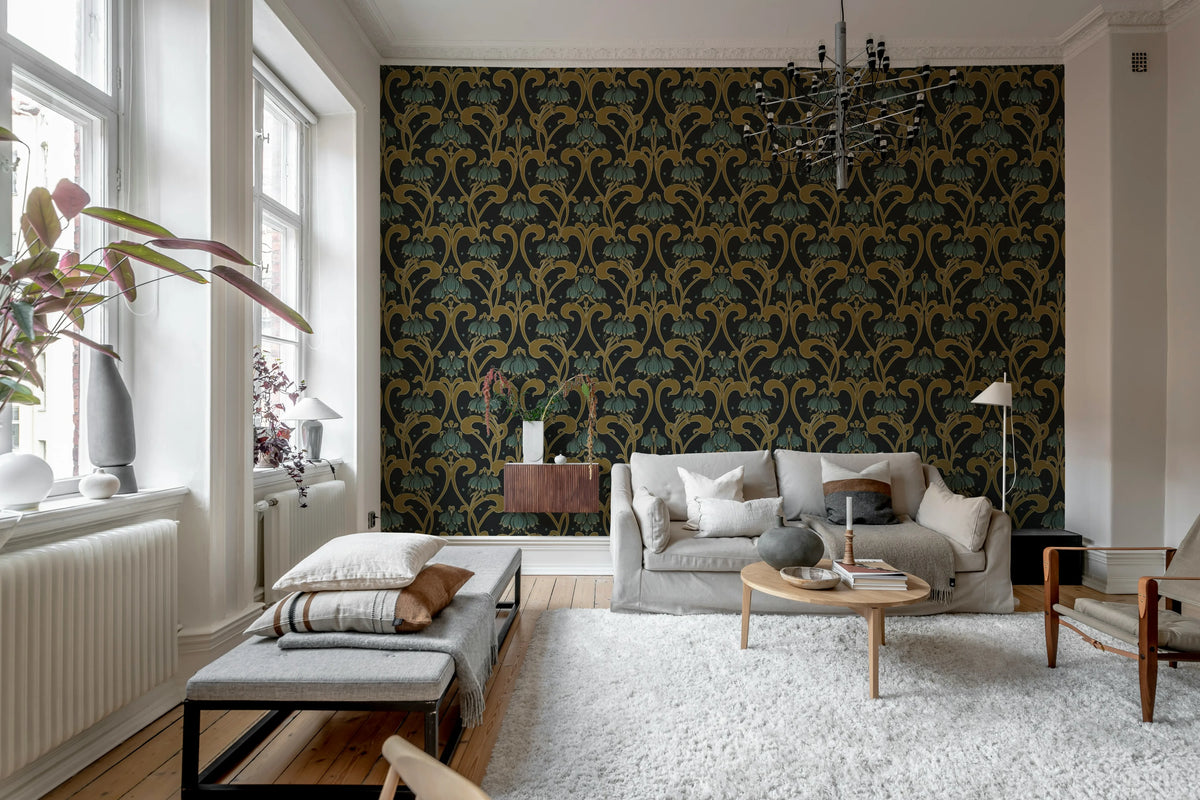 Art Nouveau Flower, Brown Mural Wallpaper - room preview 02