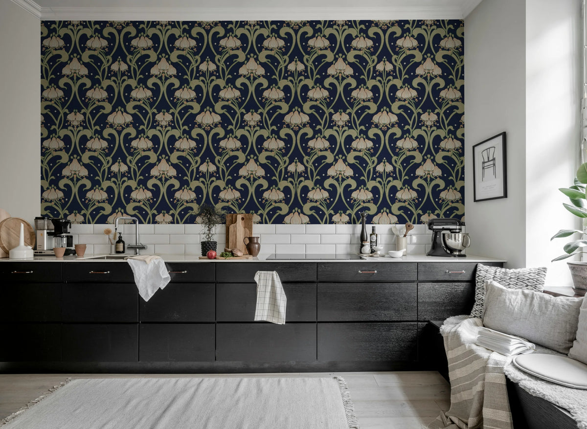 Art Nouveau Flower, Blue Mural Wallpaper - room preview 02