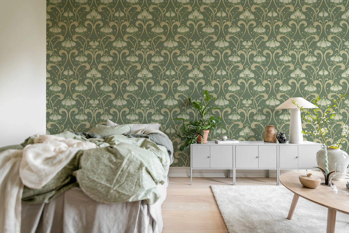 Art Nouveau Flower, Green Mural Wallpaper - room preview 02