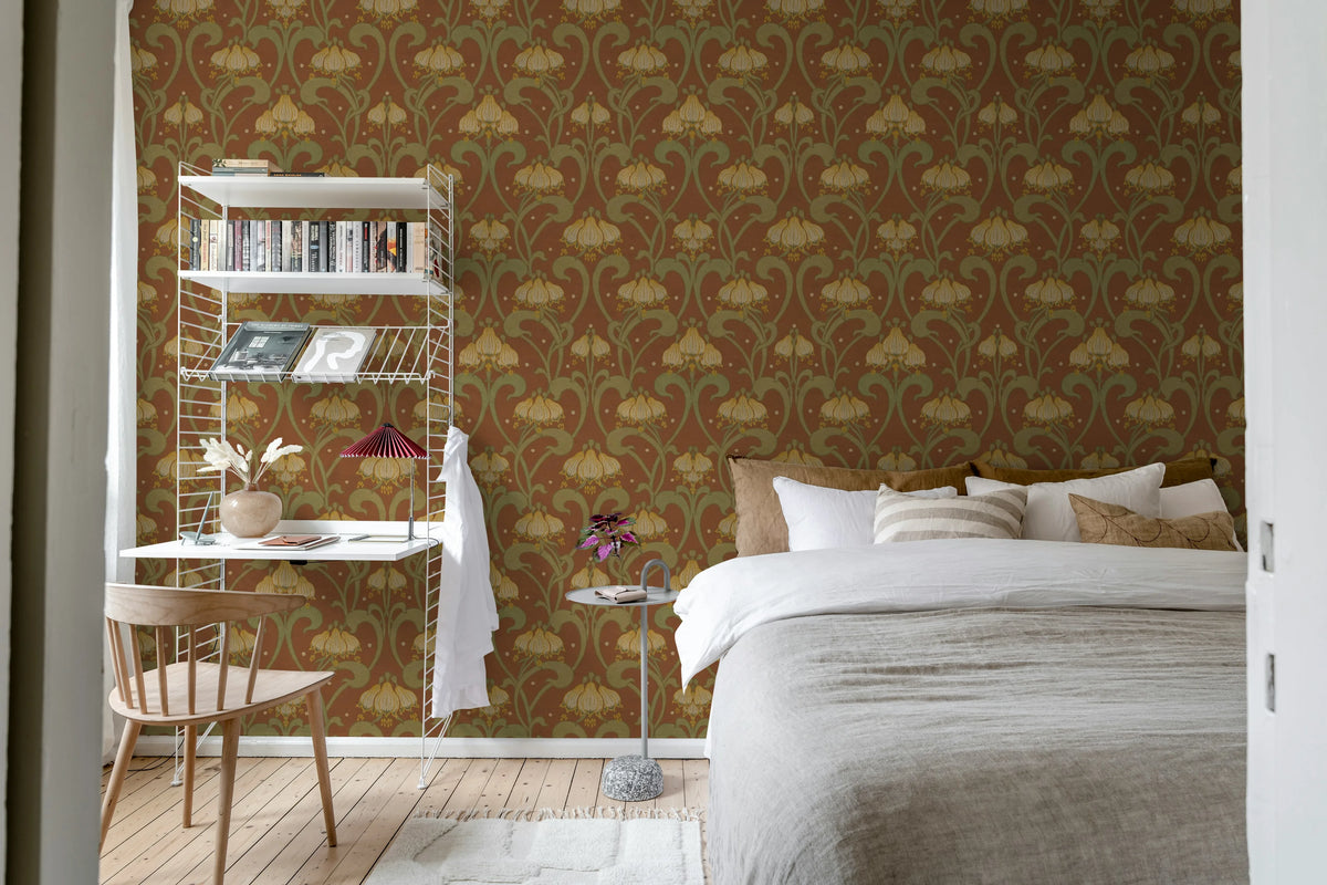 Art Nouveau Flower, Red Mural Wallpaper - room preview 02