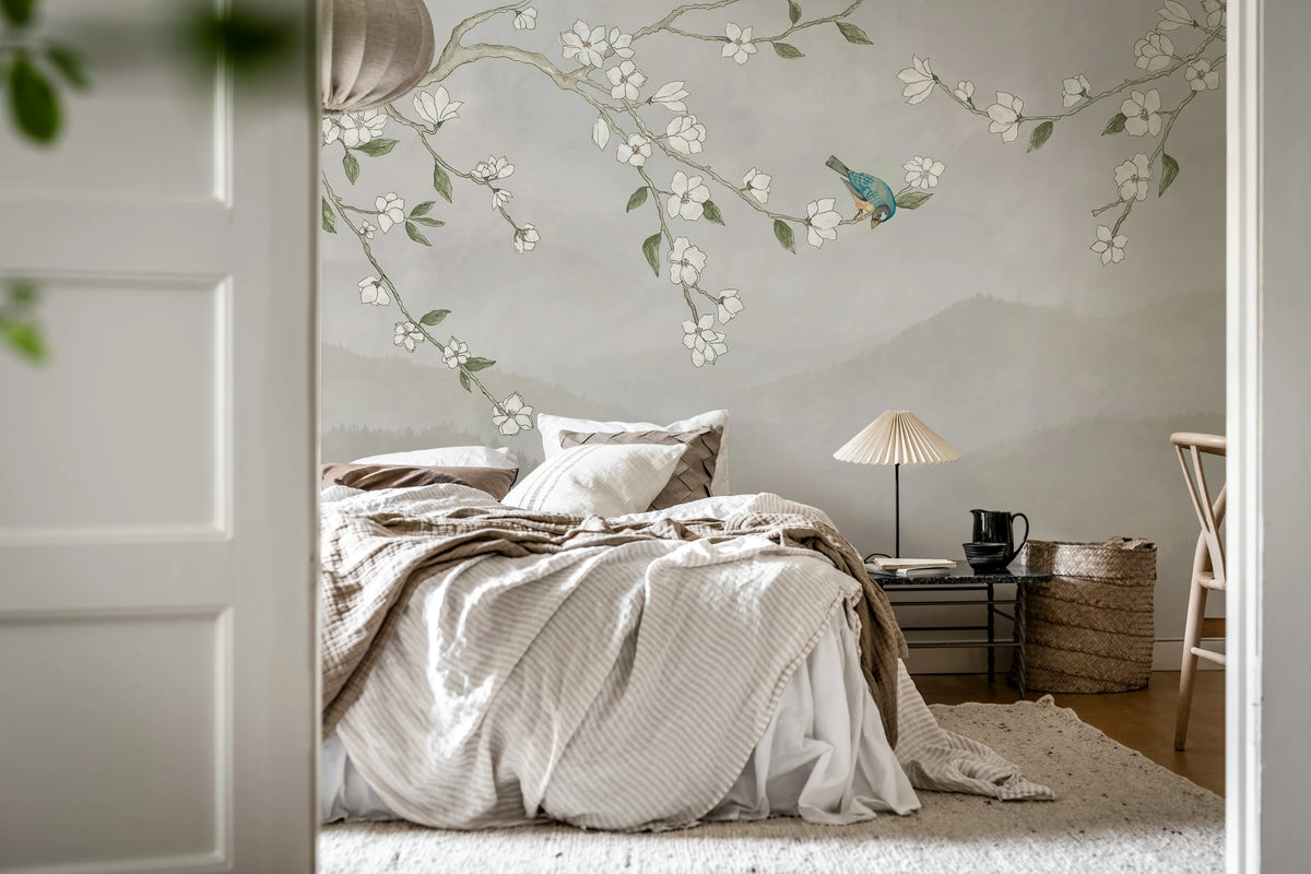 Bird in Tree, White Mural Wallpaper - room preview 02
