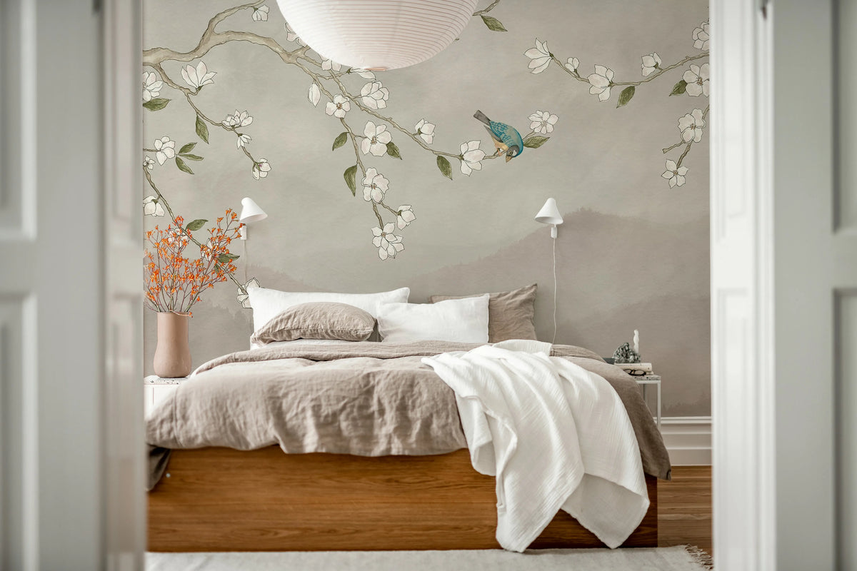 Bird in Tree, Pink Mural Wallpaper - room preview 02