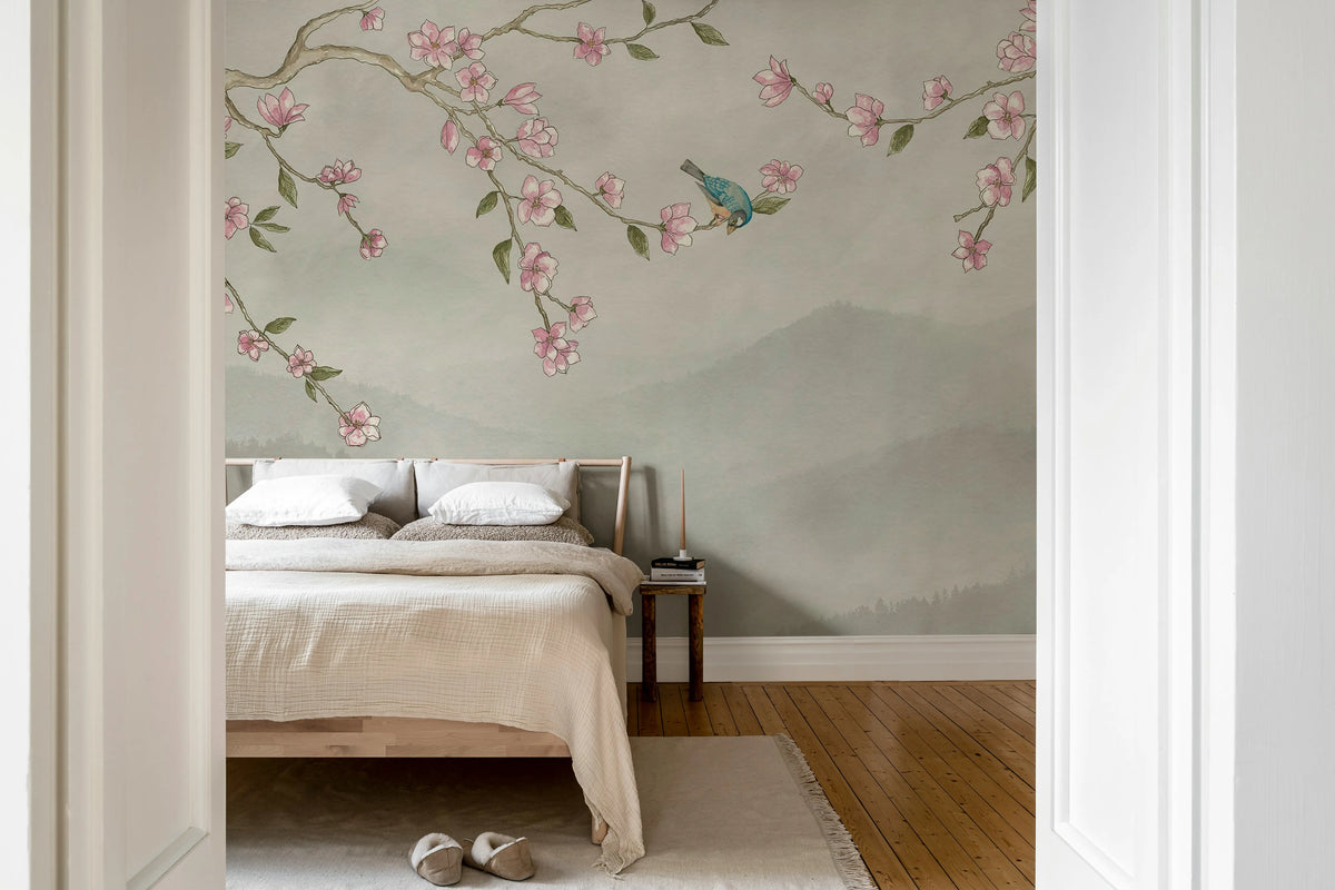 Bird in Tree, Beige Mural Wallpaper - room preview 02