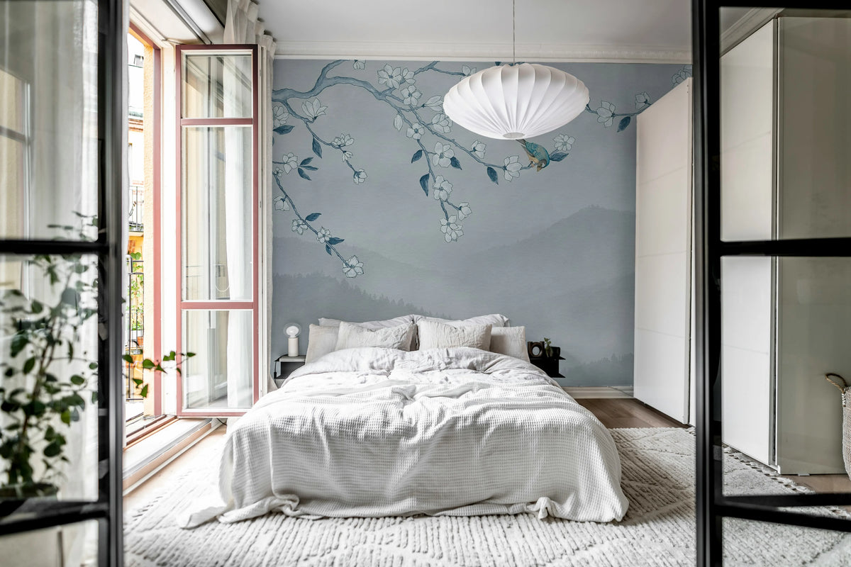 Bird in Tree, Blue Mural Wallpaper - room preview 02