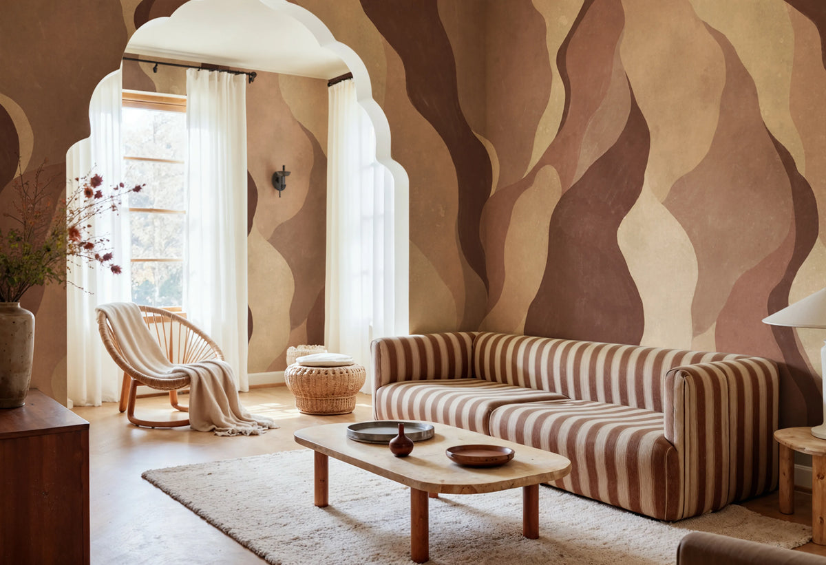 Flowing Forms, Burgundy Mural Wallpaper - room preview 02