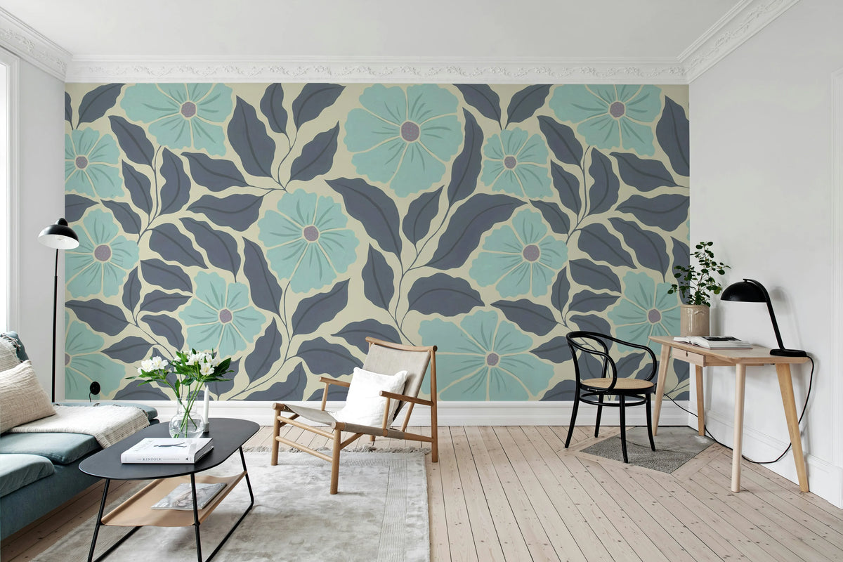 Bold Abstract Flower, Blue Mural Wallpaper - room preview 02