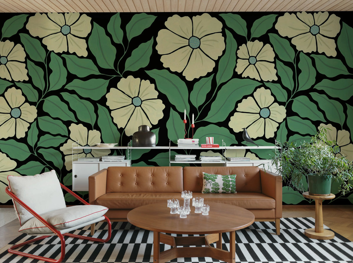 Bold Abstract Flower, Black Mural Wallpaper - room preview 02