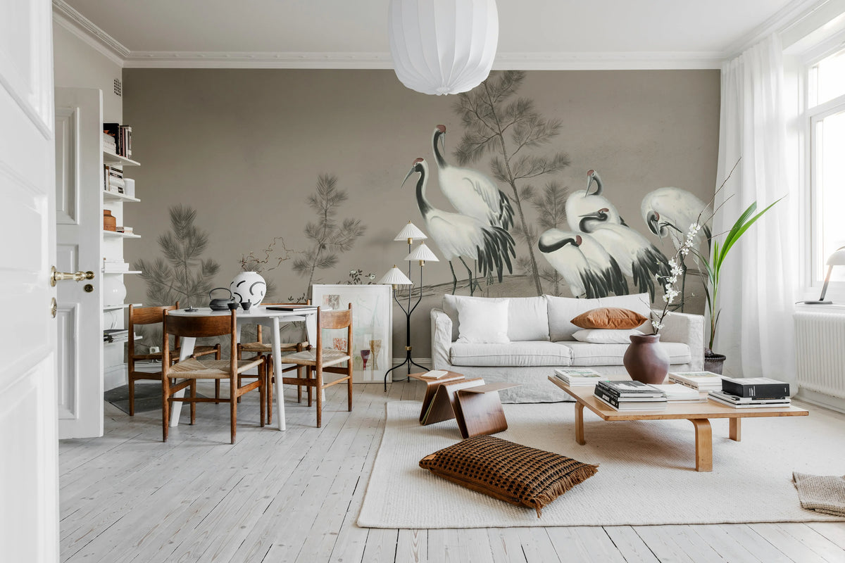 Whispering Cranes, Gray Mural Wallpaper - room preview 02