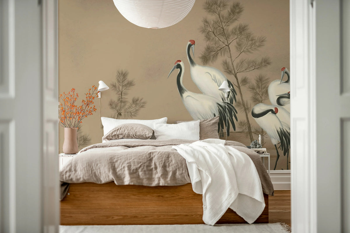 Whispering Cranes, Beige Mural Wallpaper - room preview 02