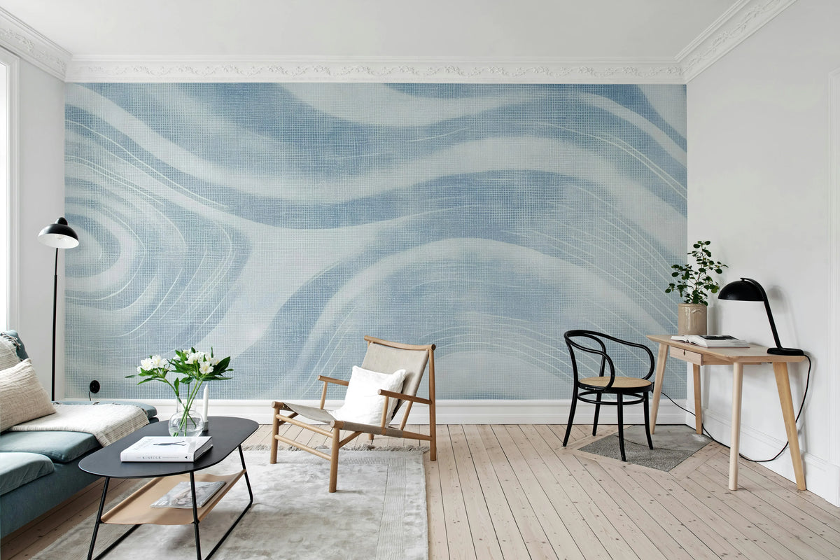Ocean Lines, Blue Mural Wallpaper - room preview 02