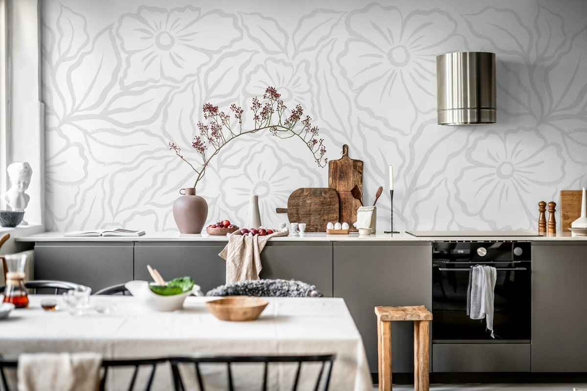 Ink Flowers, White Mural Wallpaper - room preview 02