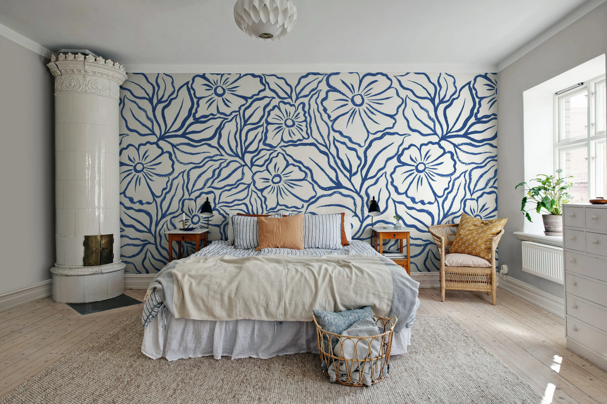 Ink Flowers, Blue Mural Wallpaper - room preview 02