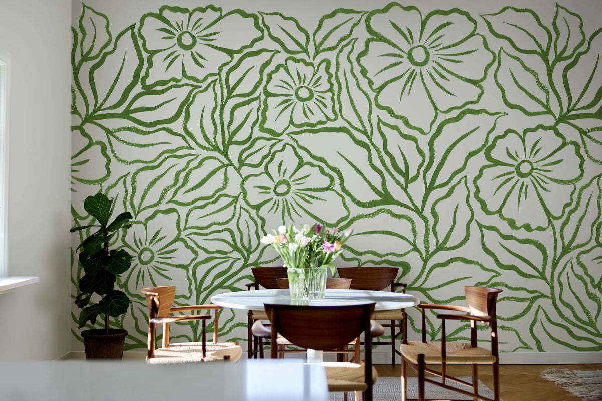 Ink Flowers, Green Mural Wallpaper - room preview 02