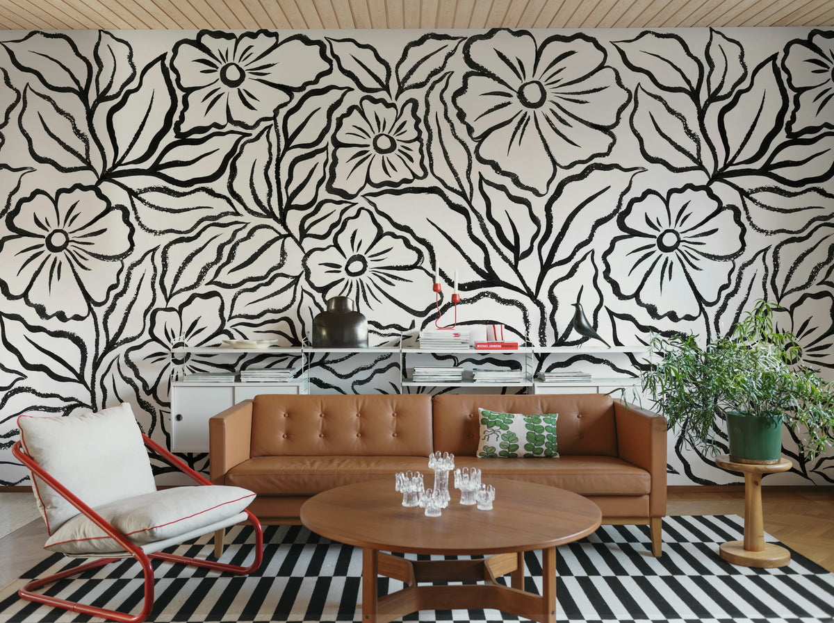 Ink Flowers, Black Mural Wallpaper - room preview 02