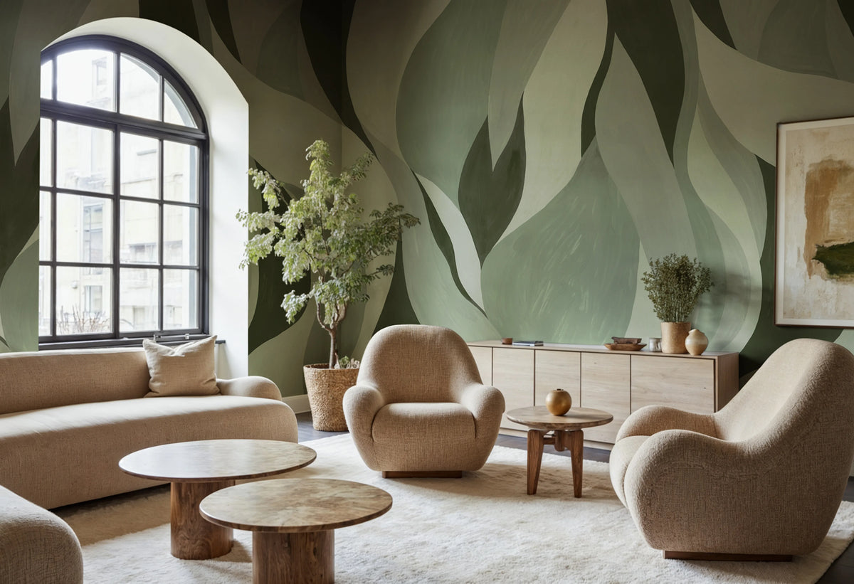 Velvet Flames, Green Mural Wallpaper - room preview 02