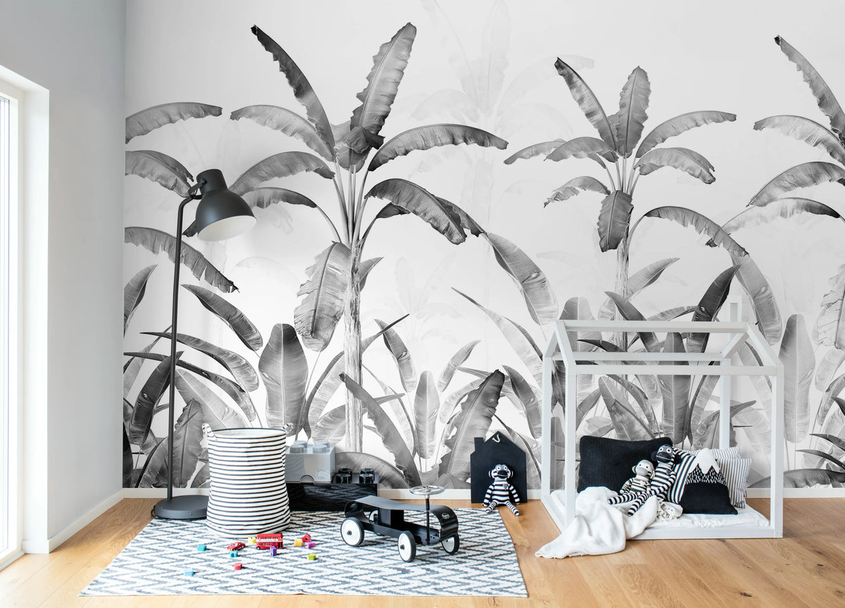 Serene Tropics, Gray Mural Wallpaper - room preview 02