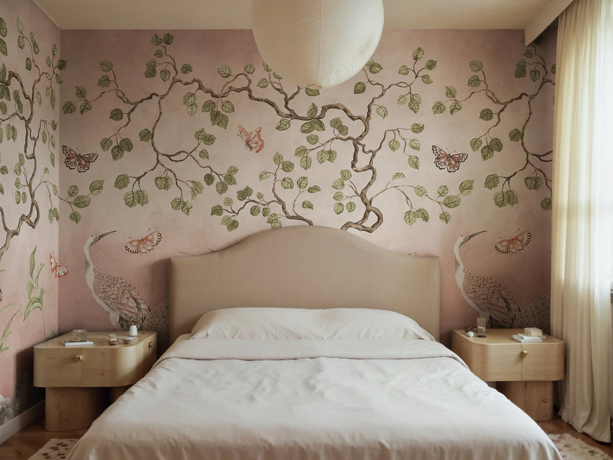 Where Cranes Dream, Pink Mural Wallpaper - room preview 02