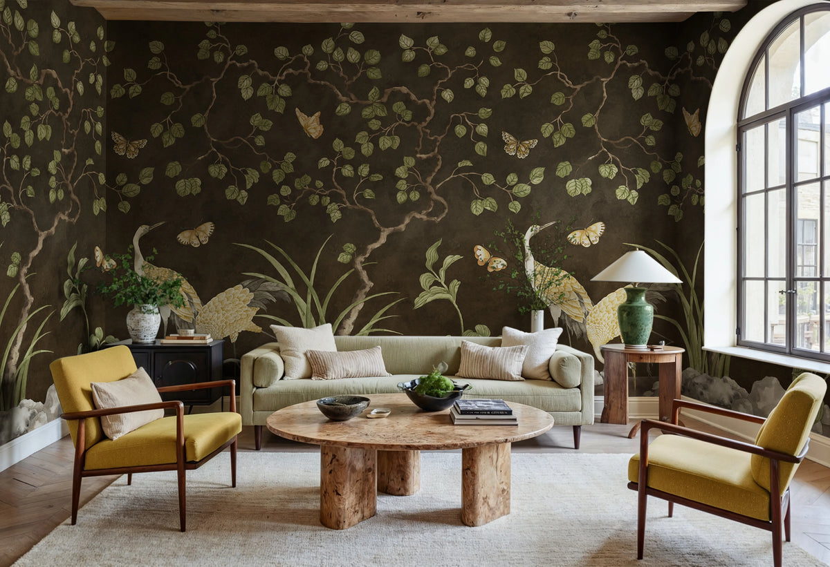 Where Cranes Dream, Black Mural Wallpaper - room preview 02