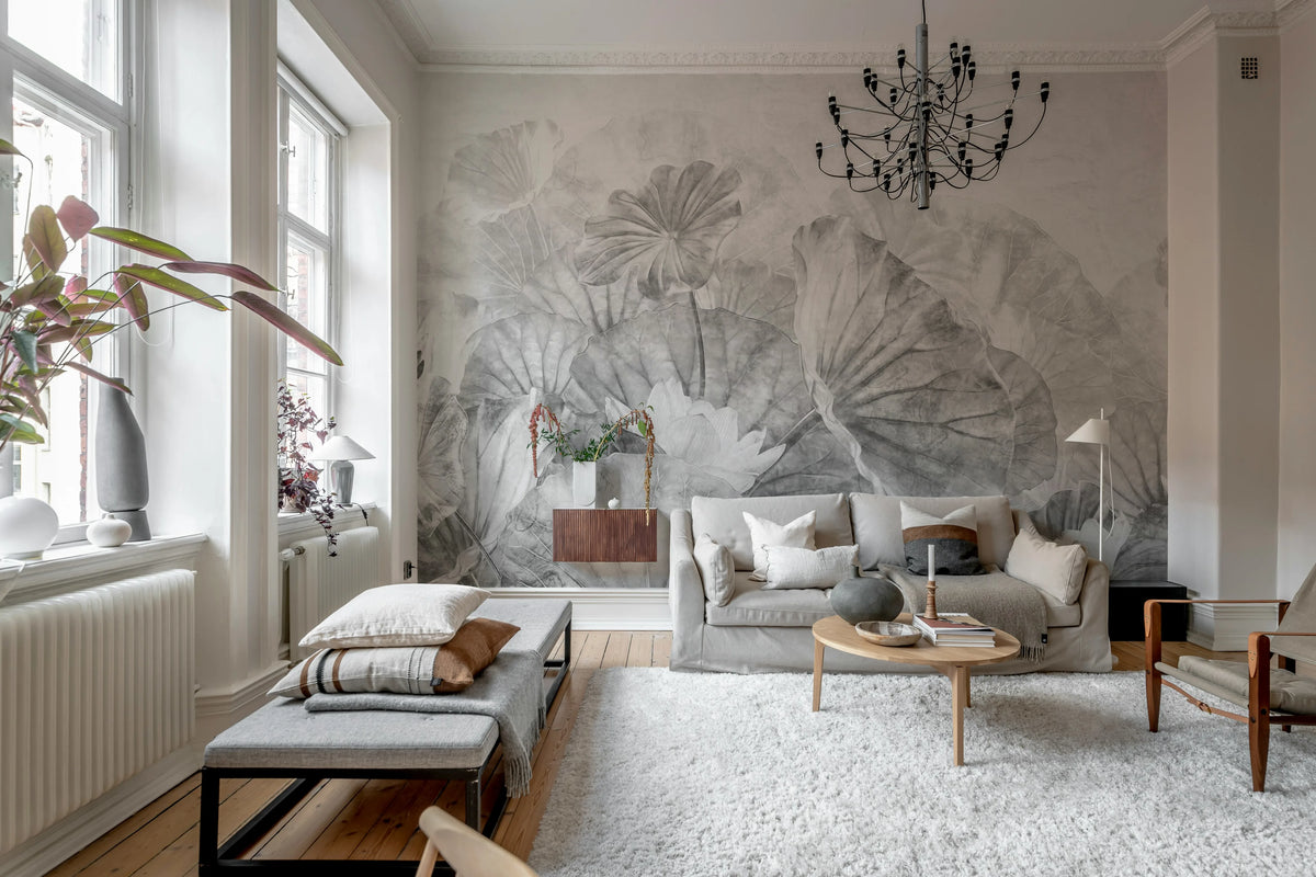 Lotus Leafs, Gray Mural Wallpaper - room preview 02
