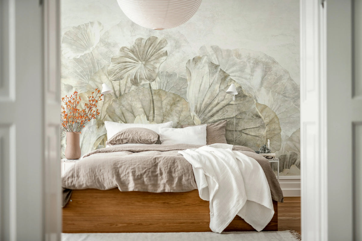 Lotus Leafs, Beige Mural Wallpaper - room preview 02