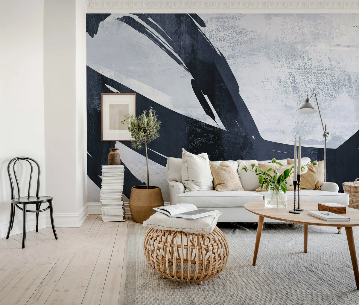 Artzy Stripes, Blue Mural Wallpaper - room preview 02