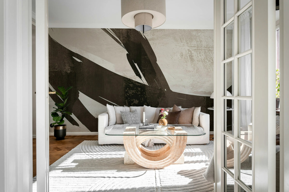 Artzy Stripes, Beige Mural Wallpaper - room preview 02