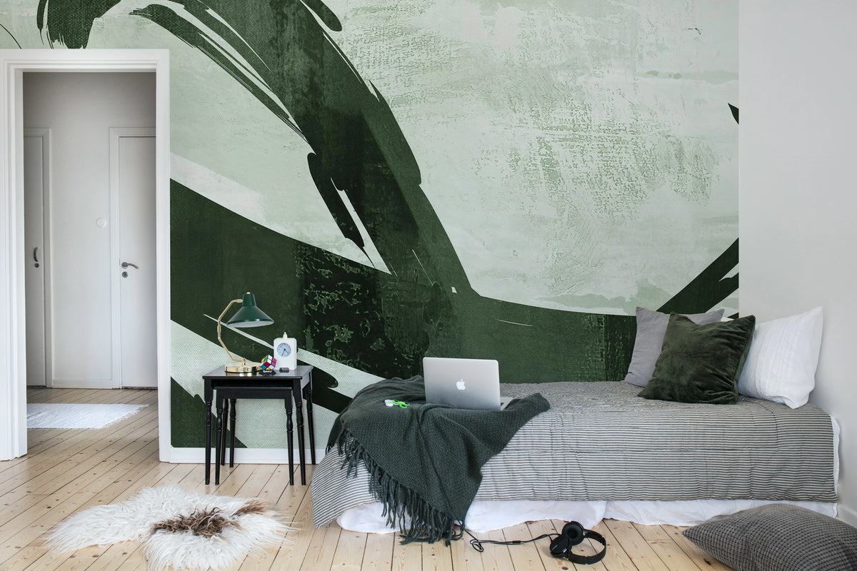 Artzy Stripes, Green Mural Wallpaper - room preview 02