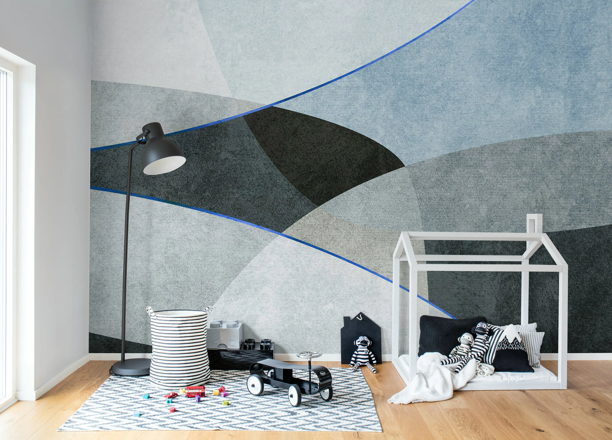 Shapes and Forms, Blue Mural Wallpaper - room preview 02