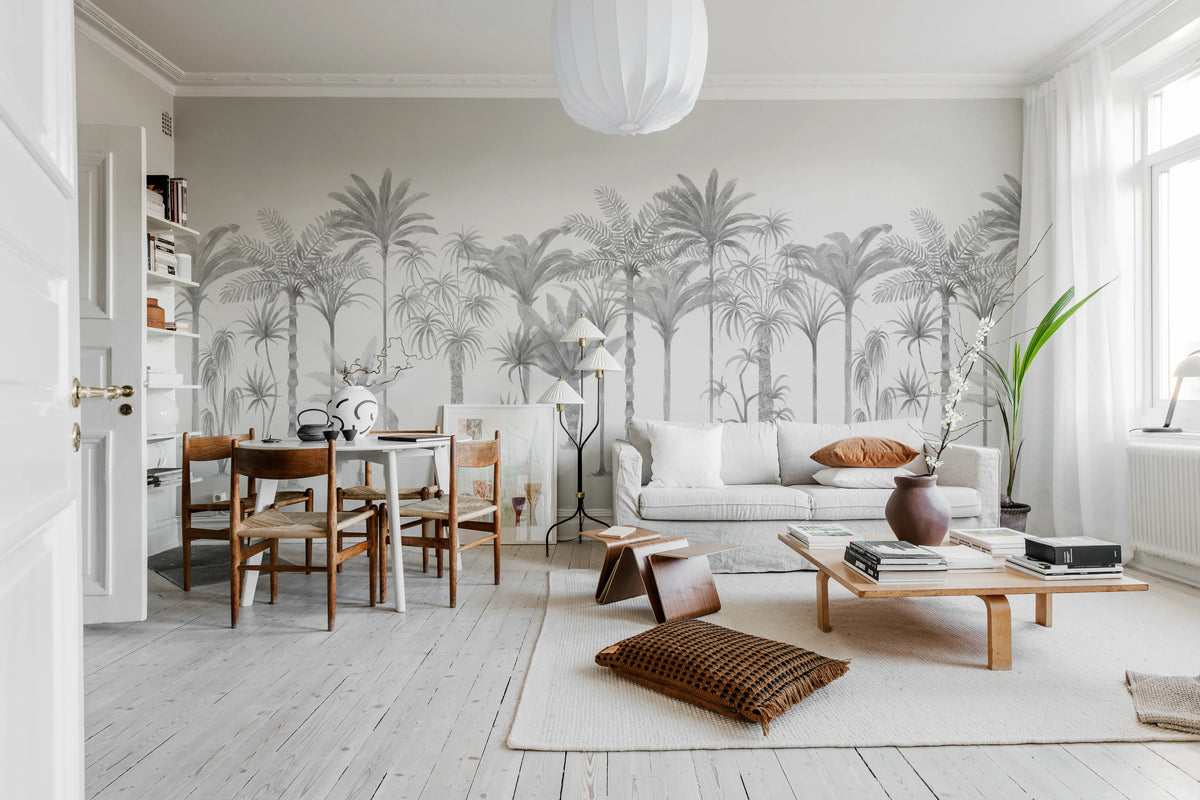 Playful Palms, Gray Mural Wallpaper - room preview 02