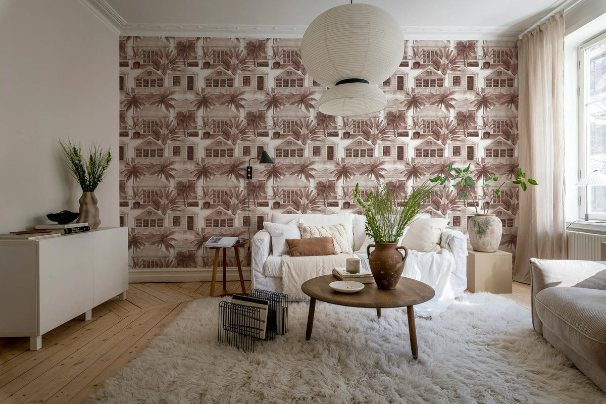 Palm Residence, Burgundy Mural Wallpaper - room preview 02