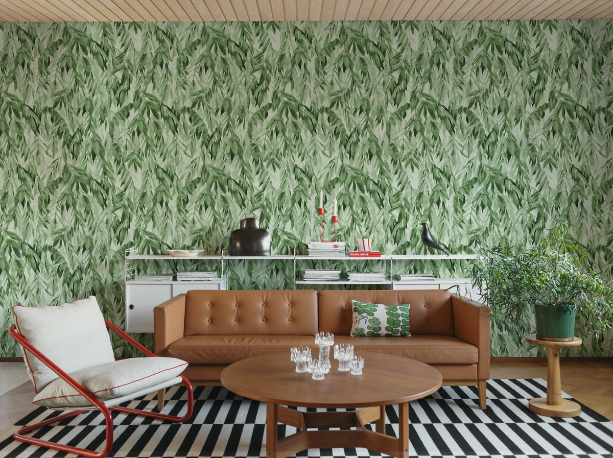 Hanging Branches, Solid Green Mural Wallpaper - room preview 02