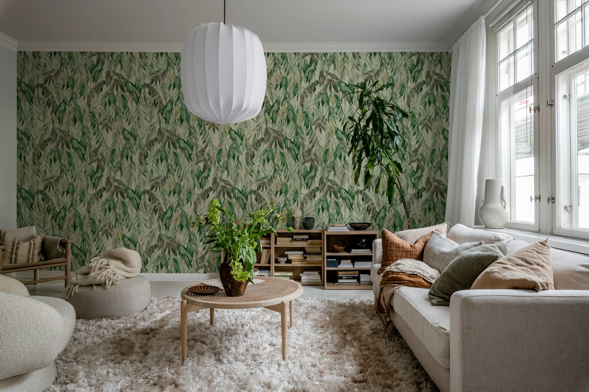 Hanging Branches, Warm Green Mural Wallpaper - room preview 02