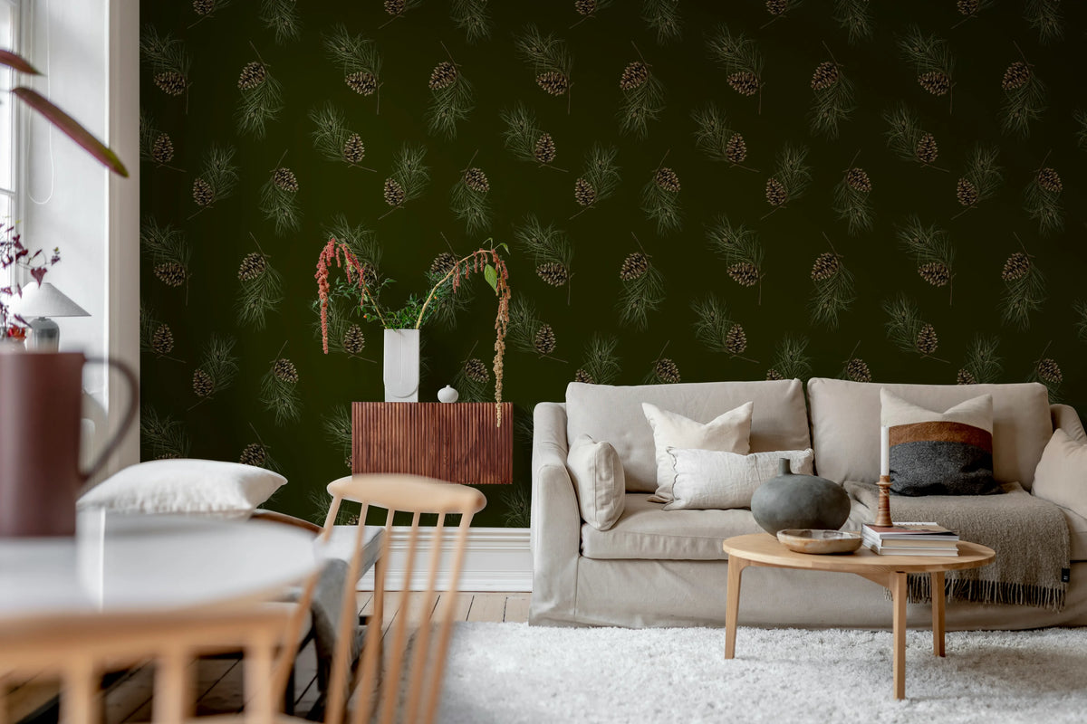 Pine Cones, Dark Green Mural Wallpaper - room preview 02